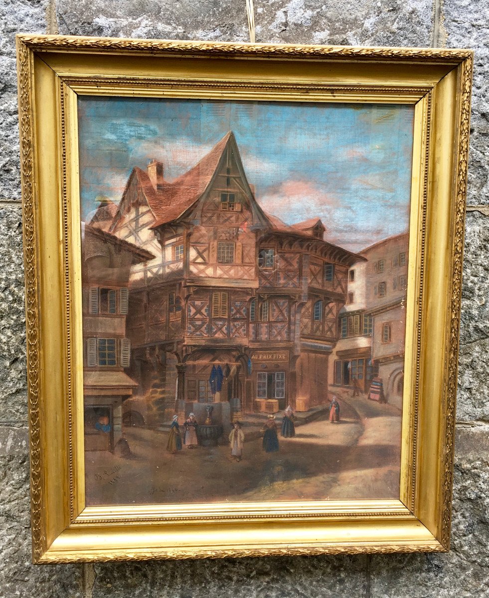 Pastel encadré vue du Château du Pirou à Thiers par Blaise Lavelle. France fin XIXe