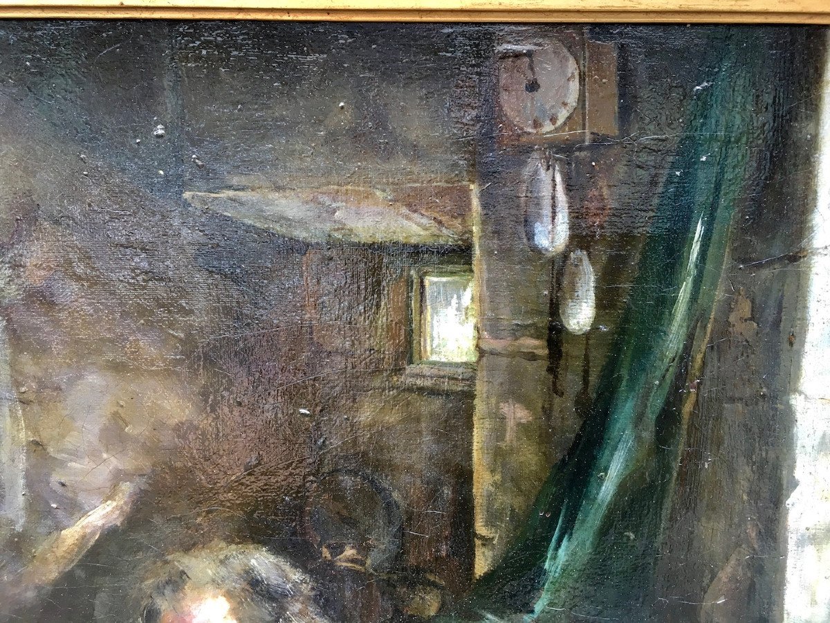 Peinture Huile Sur Toile Scène De Genre à l'Intérieur d'Une Ferme. Signée V.E. Berthélemy XIXe-photo-3