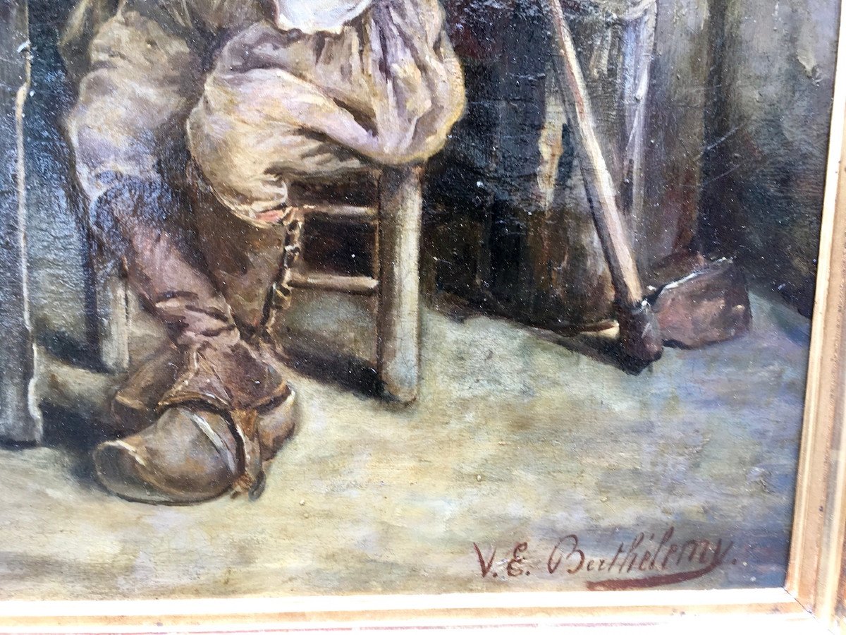 Peinture Huile Sur Toile Scène De Genre à l'Intérieur d'Une Ferme. Signée V.E. Berthélemy XIXe-photo-2