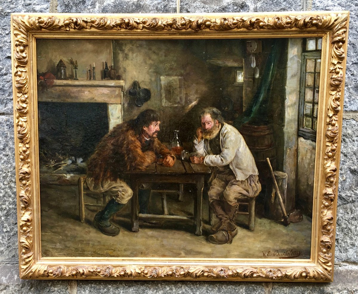 Peinture Huile Sur Toile Scène De Genre à l'Intérieur d'Une Ferme. Signée V.E. Berthélemy XIXe