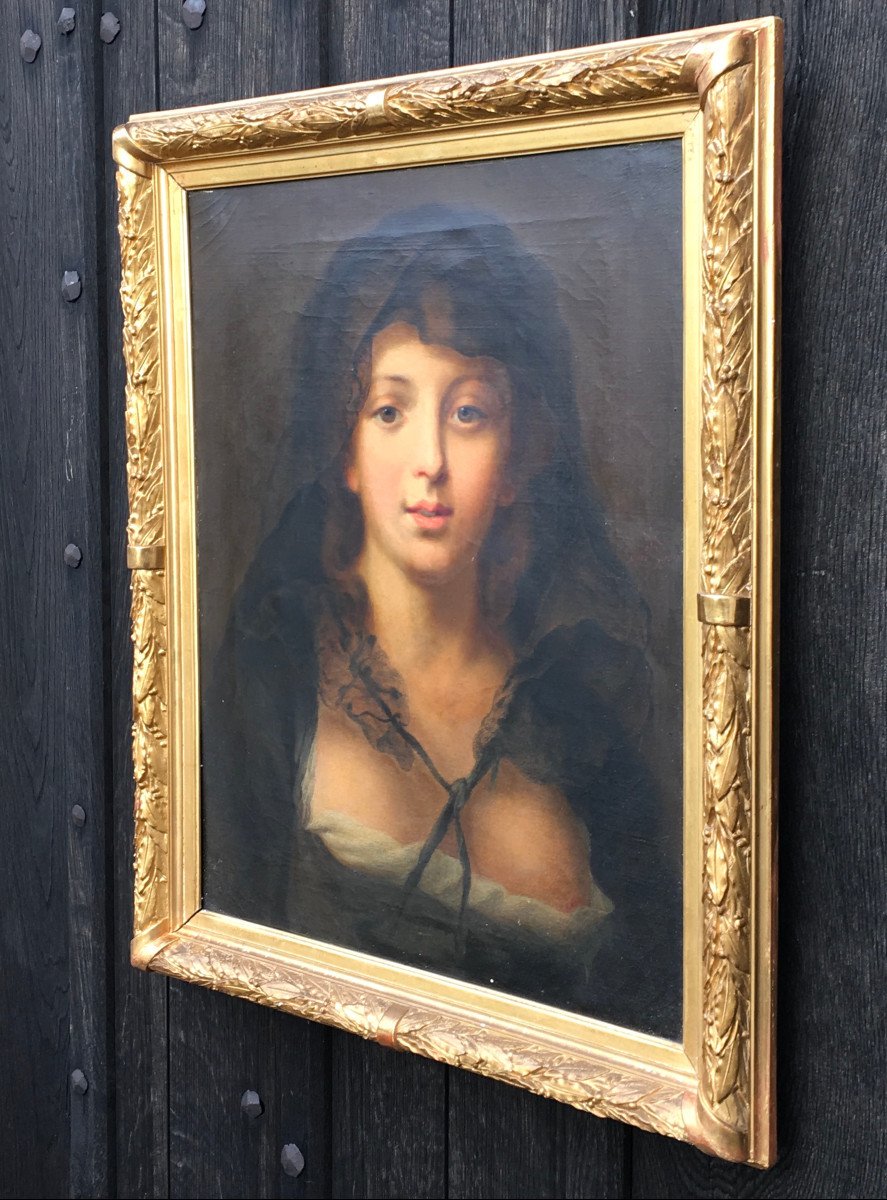 Portrait De Jeune Fille Huile Sur Toile Dans Cadre Doré. d'Après J.b. Greuze. Fin XIXe Siècle-photo-2