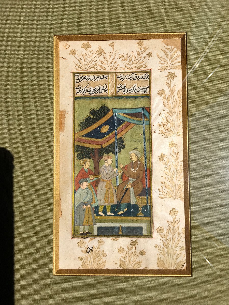 Indo-persian Manuscript Painting Palace Scene With Courtiers And Calligraphy. 17th - 19th Century-photo-4