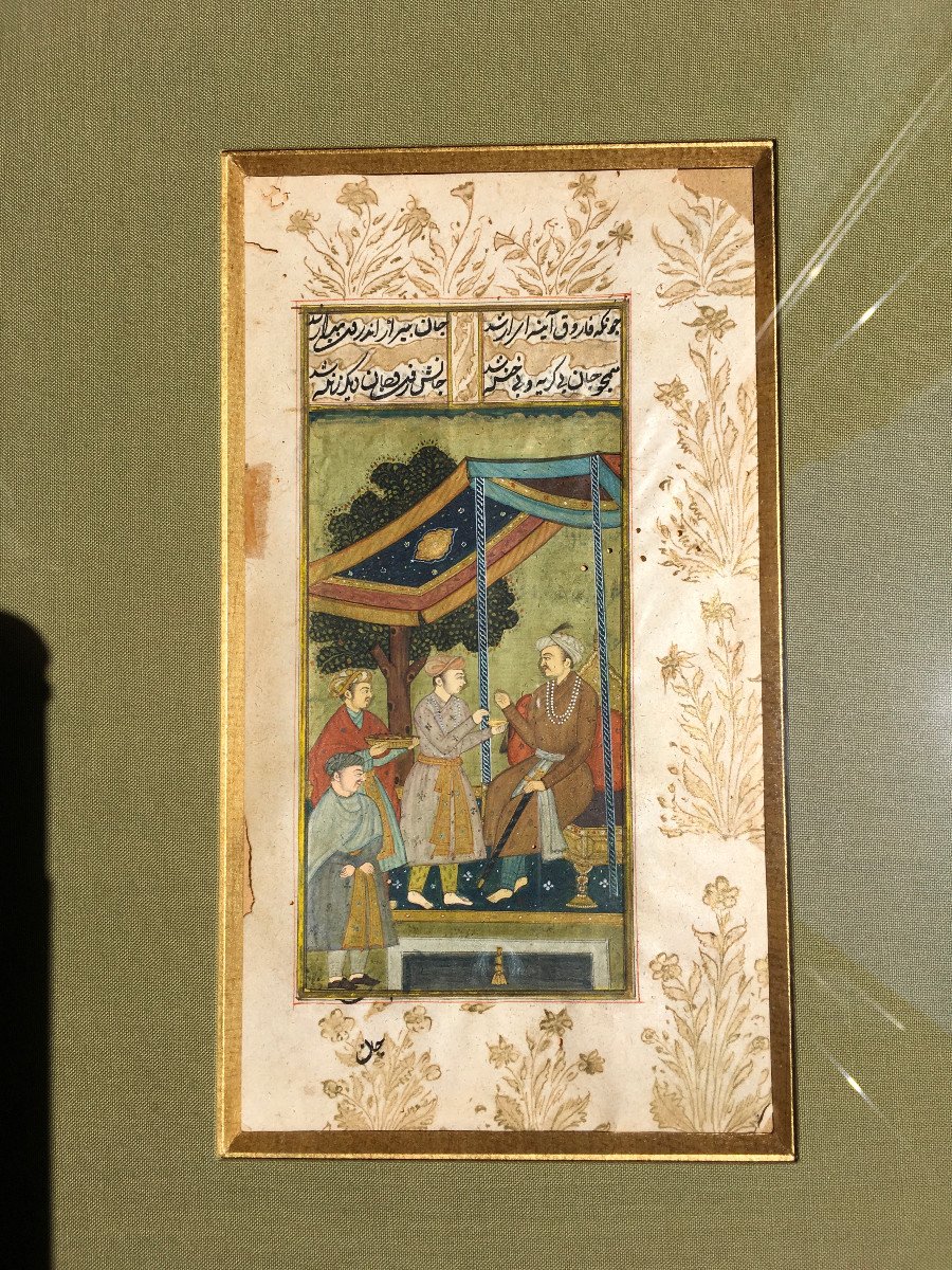 Indo-persian Manuscript Painting Palace Scene With Courtiers And Calligraphy. 17th - 19th Century-photo-1