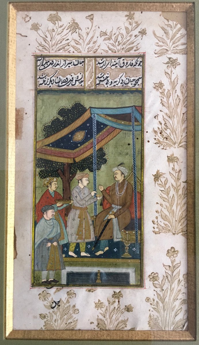 Indo-persian Manuscript Painting Palace Scene With Courtiers And Calligraphy. 17th - 19th Century