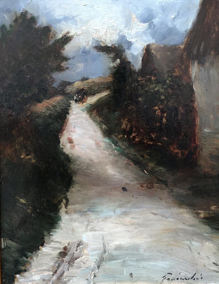 Oil On Panel "village Street" Auvergne By Gagliardini. France Late 19th Early 20th Century.-photo-2
