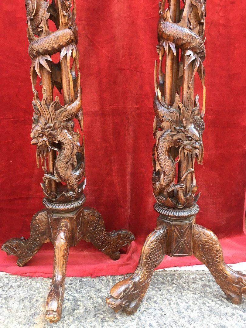 Pair Of Sellettes Carved Wood, Decor Dragon. Indochina Vietnam Early 20th Century.-photo-4