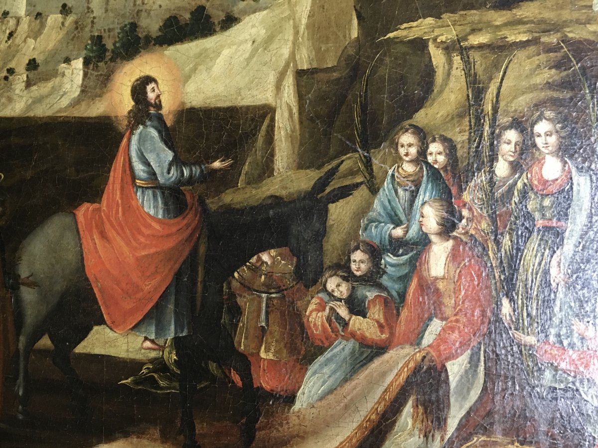 Oil On Canvas, Biblical Scene. Christ Entrance To Jerusalem, Palmesel. 17th Century.-photo-6