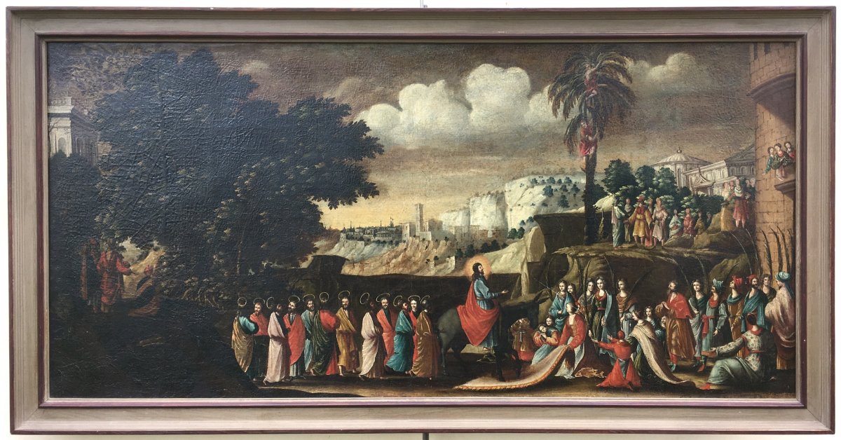 Oil On Canvas, Biblical Scene. Christ Entrance To Jerusalem, Palmesel. 17th Century.