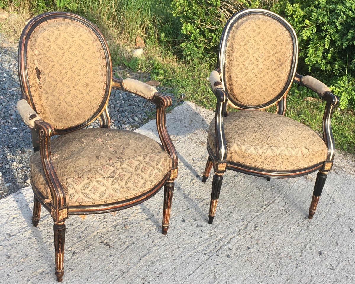 Pair Of King  Louis XVI Cabriolet Beech Armchairs. Lacquered In The 19th. France 18th Century.