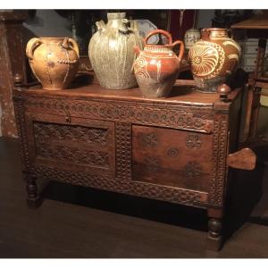 Cedar Chest With Carved Front And Turned Feet. Afghanistan Or Rajasthan 19th Century.