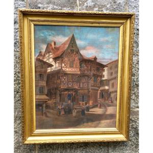 Framed Pastel View Of The Château Du Pirou In Thiers By Blaise Lavelle. France Late 19th Century