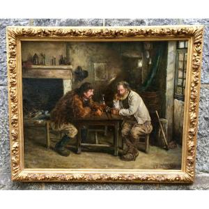 Oil Painting On Canvas Genre Scene Inside A Farm. Signed Ve Berthélemy 19th Century