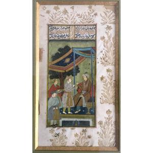 Indo-persian Manuscript Painting Palace Scene With Courtiers And Calligraphy. 17th - 19th Century