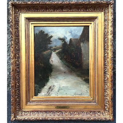 Oil On Panel "village Street" Auvergne By Gagliardini. France Late 19th Early 20th Century.