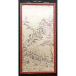 Embroidery On Far Eastern Silk Framed. China Late 19th Century - Early 20th Century.