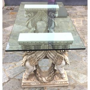 Table à piètement en marbre et dessus verre bisauté. Italie deuxième moitié du XXe siècle.