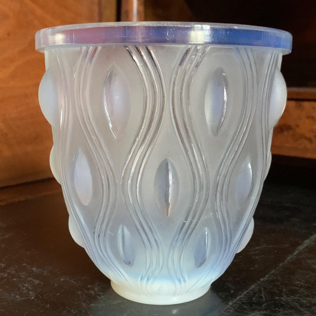 Opalescent Glass Vase Or Planter Signed Sabino France-photo-2