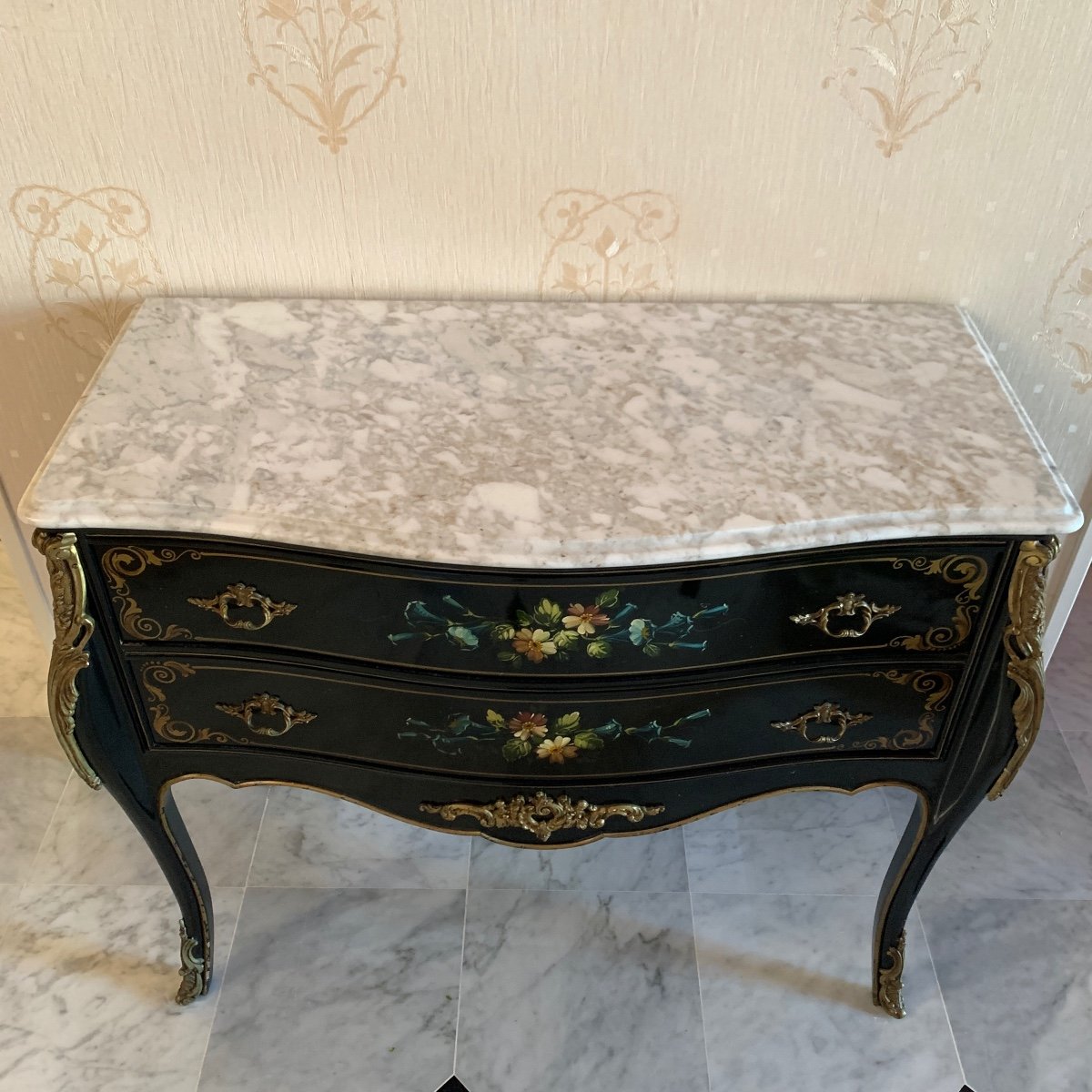 Commode Sauteuse Bois Laqué Noir - Style Louis XV-photo-2