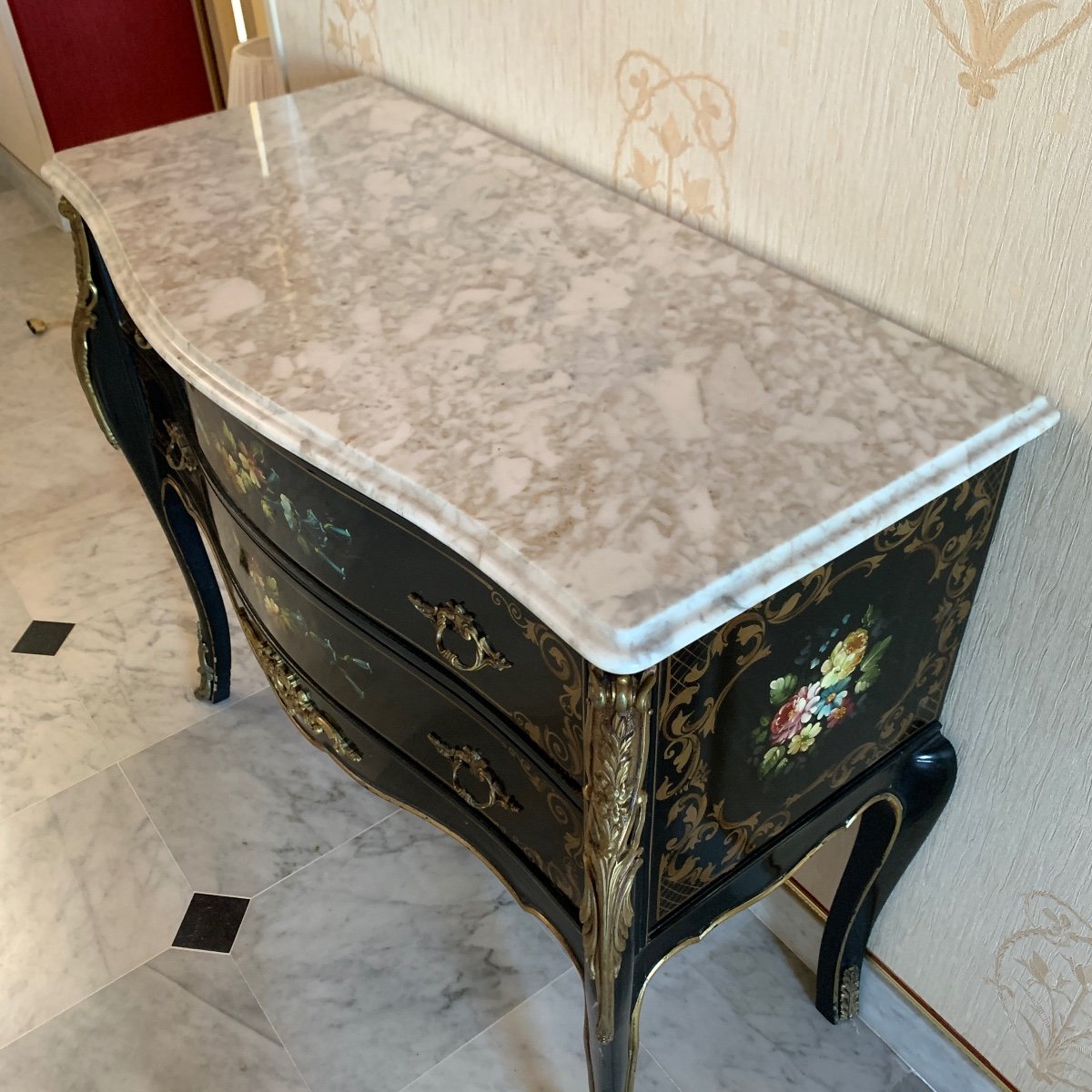 Commode Sauteuse Bois Laqué Noir - Style Louis XV-photo-3