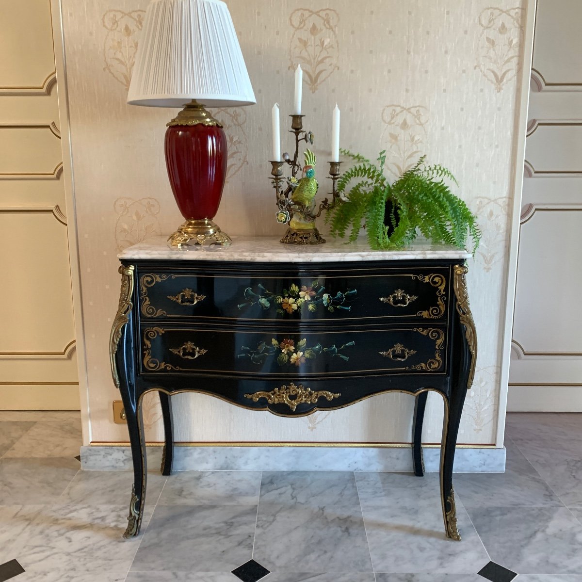 Commode Sauteuse Bois Laqué Noir - Style Louis XV-photo-4