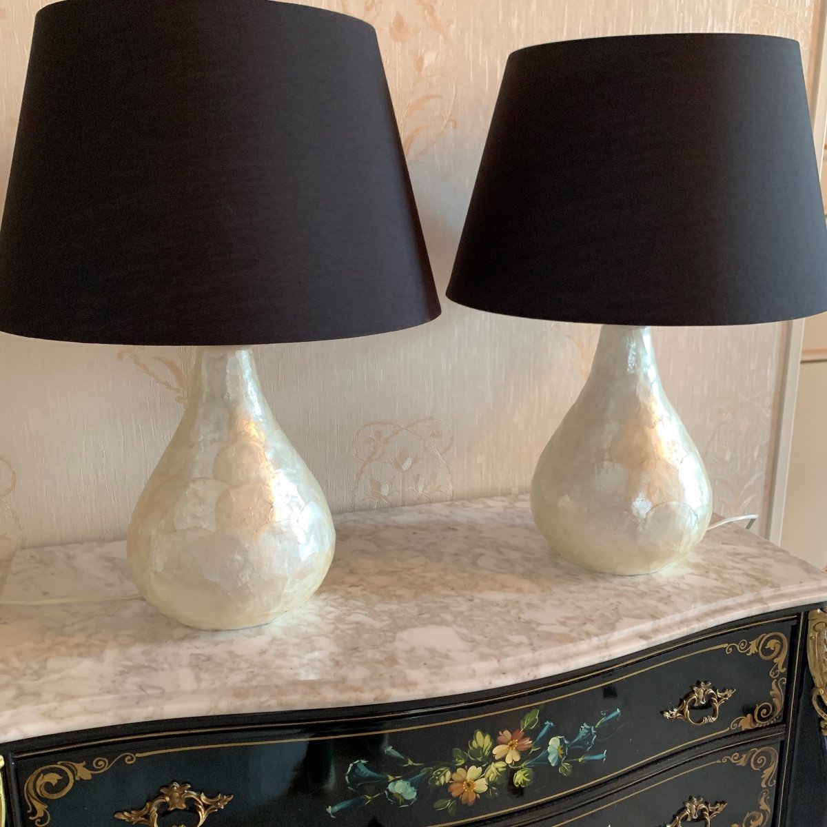 Pair Of Glass And Mother-of-pearl Lamps 20th Century-photo-3