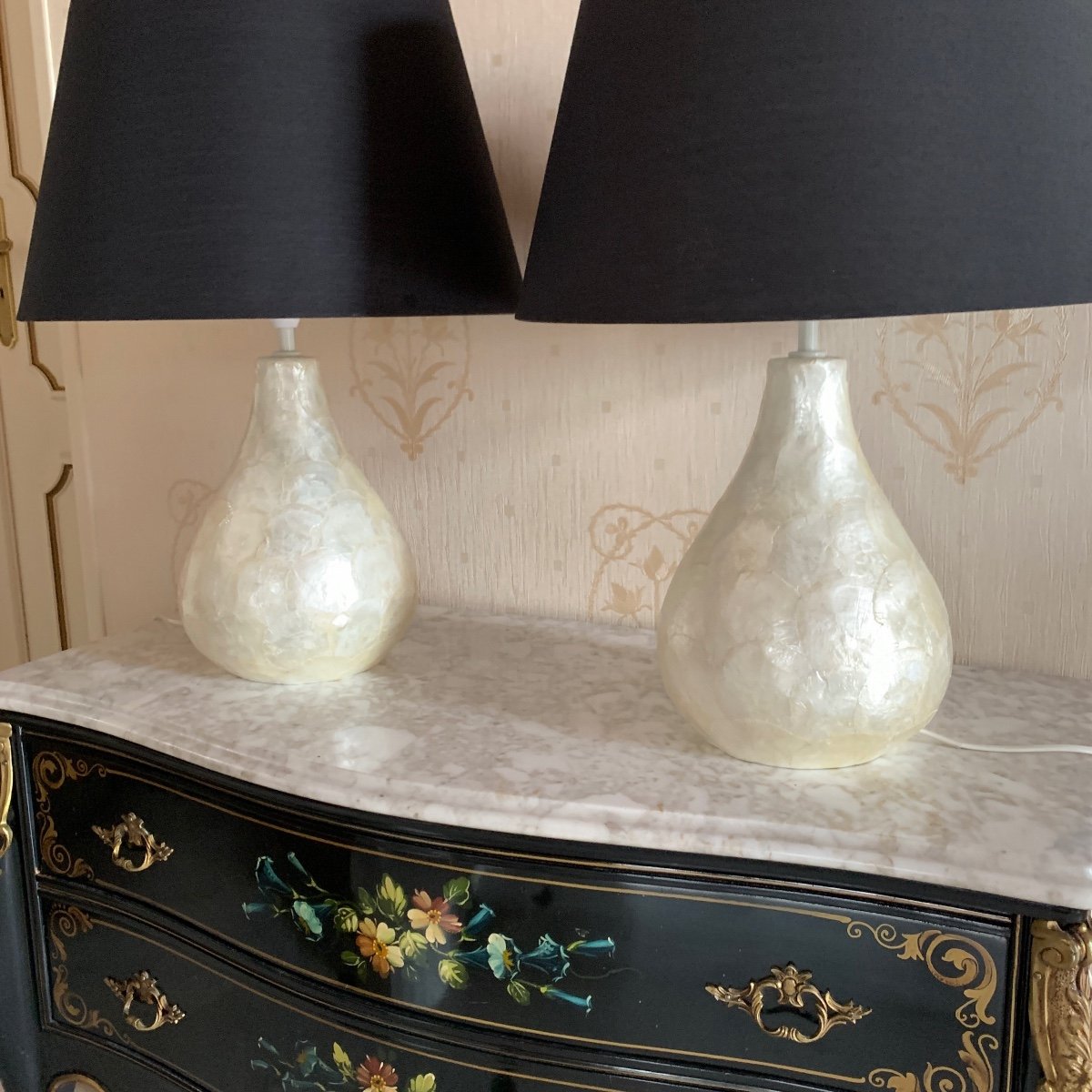 Pair Of Glass And Mother-of-pearl Lamps 20th Century-photo-1