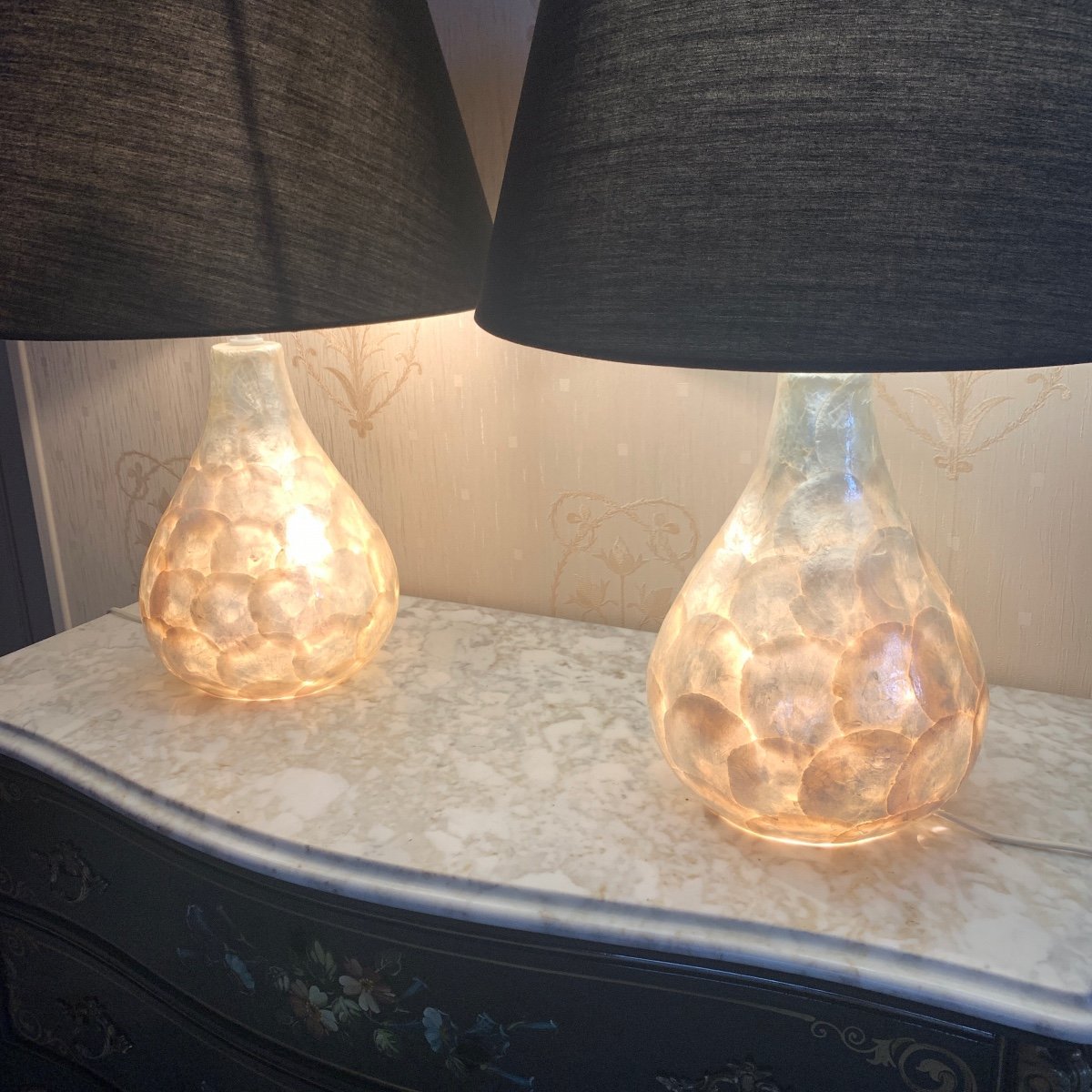 Pair Of Glass And Mother-of-pearl Lamps 20th Century-photo-3