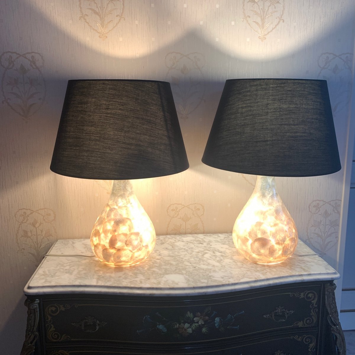 Pair Of Glass And Mother-of-pearl Lamps 20th Century-photo-4