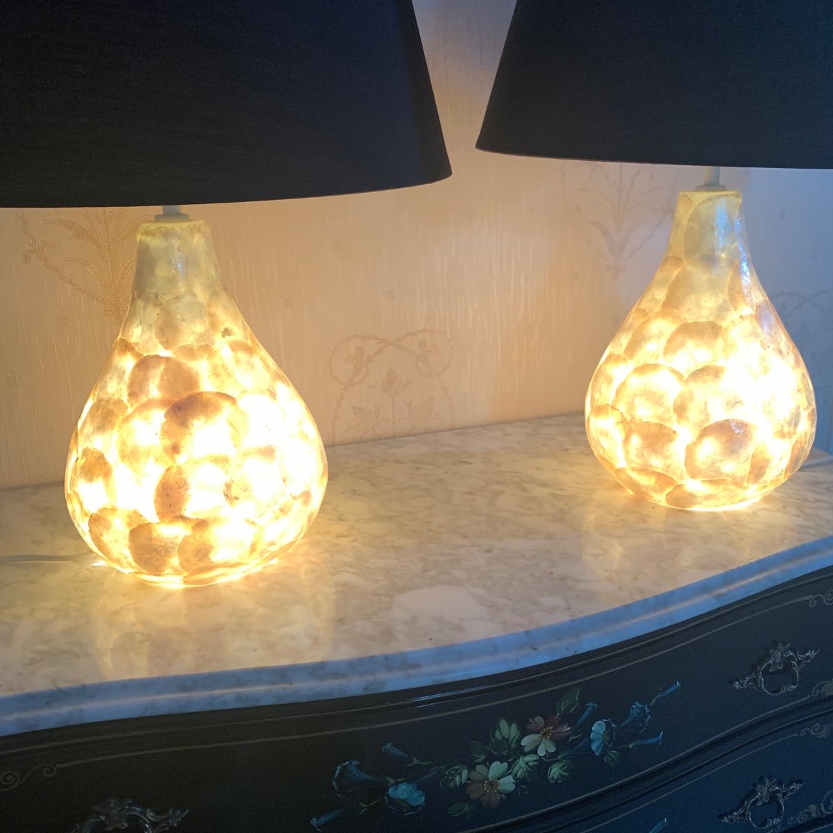 Pair Of Glass And Mother-of-pearl Lamps 20th Century-photo-5