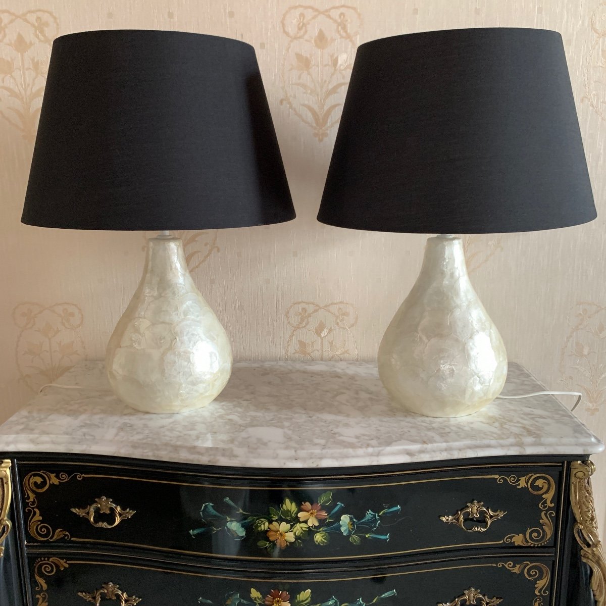 Pair Of Glass And Mother-of-pearl Lamps 20th Century