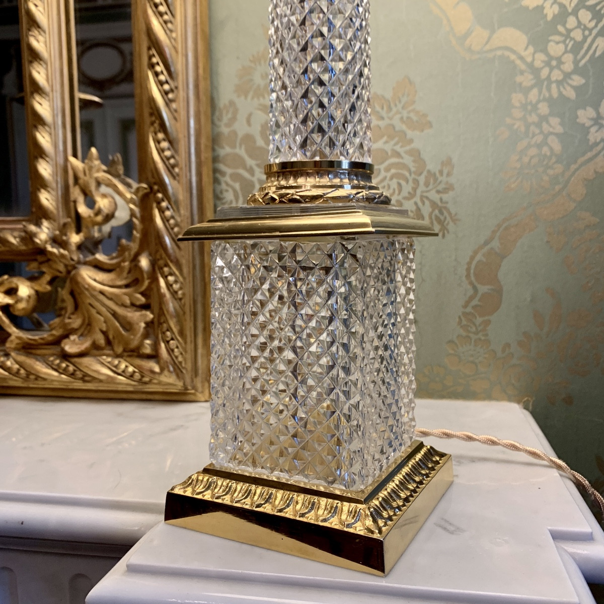 Pair Of Gilded Bronze And Crystal Column Lamps-photo-2