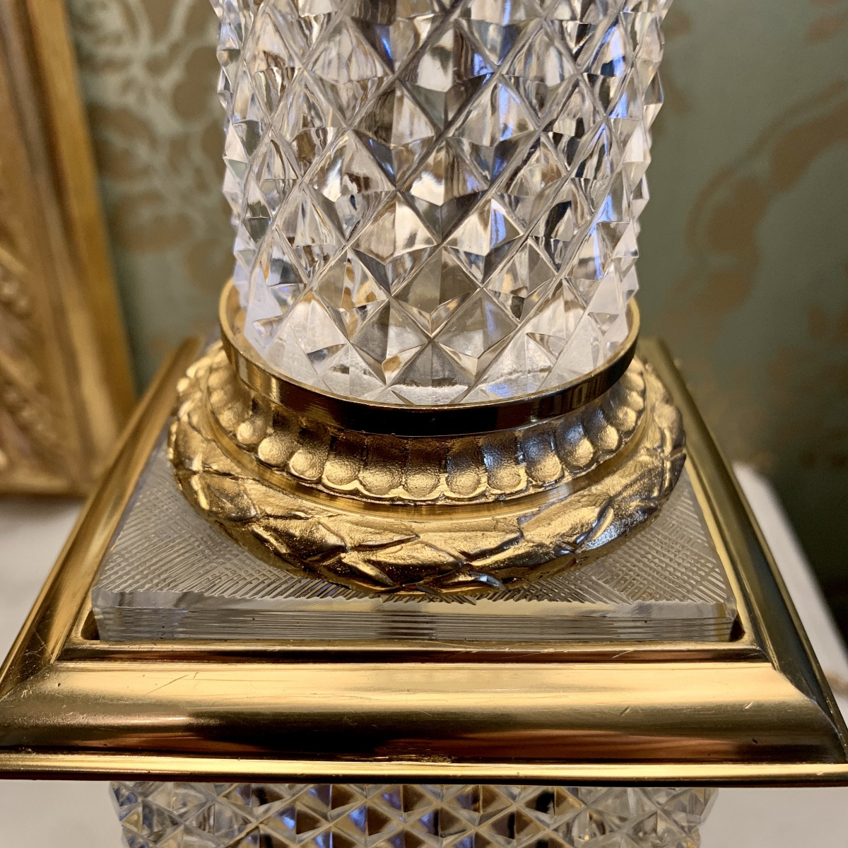 Pair Of Gilded Bronze And Crystal Column Lamps-photo-3