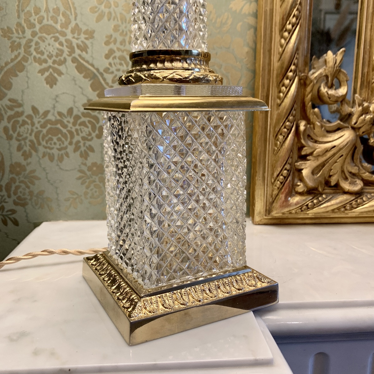 Pair Of Gilded Bronze And Crystal Column Lamps-photo-6