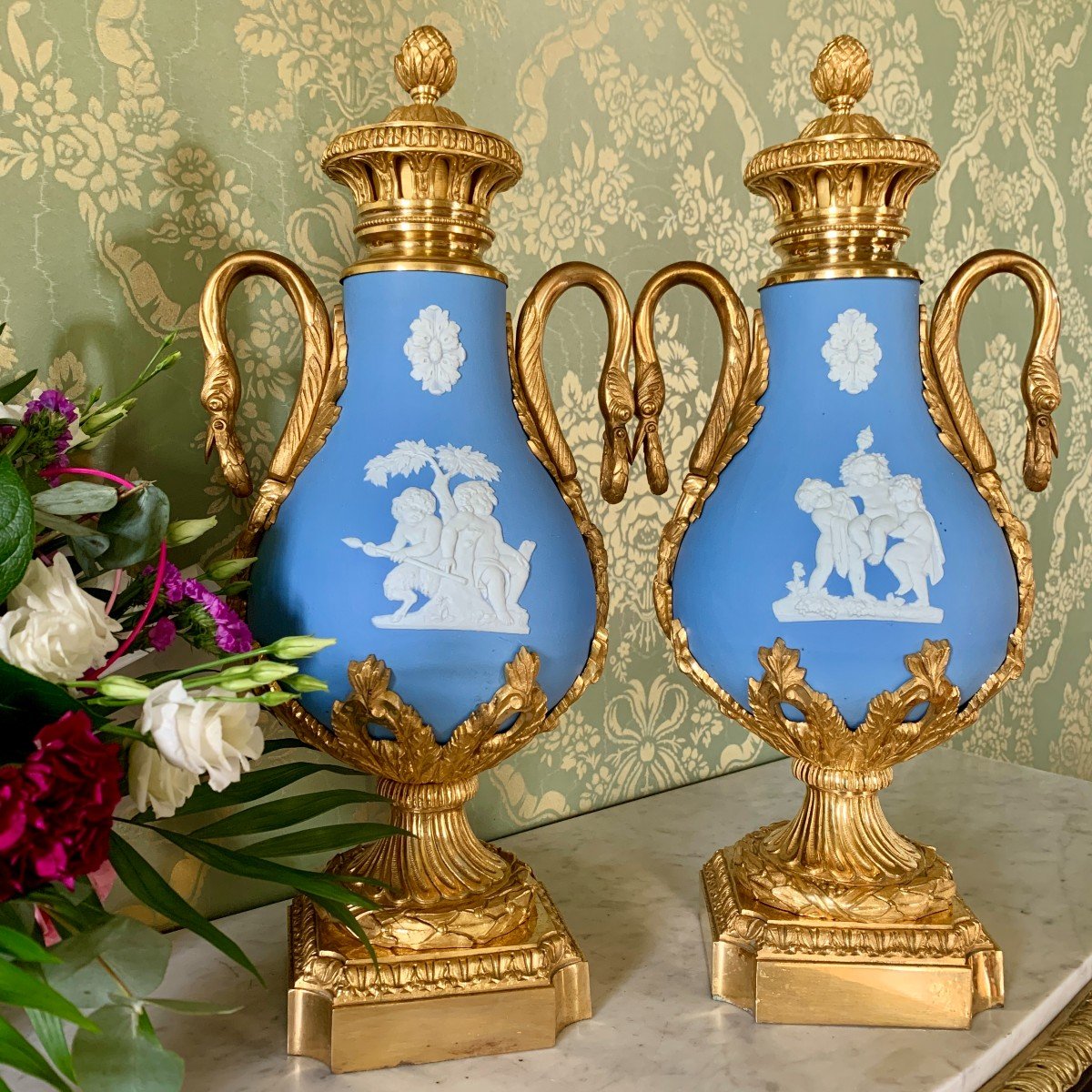 Pair Of Vases Or Pots Lids In Porcelain Biscuit 19th Century