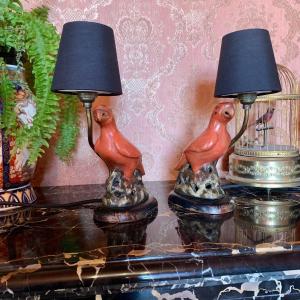 Pair Of Chinese Porcelain Parrot Lamps - 19th Century