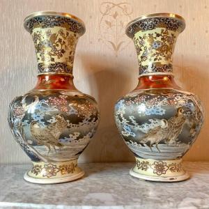 Paire De Grands Vases (H.48 cm) En Faïence de SATSUMA 