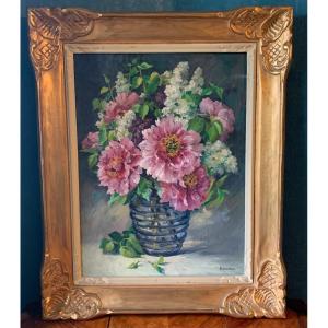 Tableau de fleurs, Huile Sur Toile "Nature Morte Aux Pivoines" Signée ISSANCHOU (1875 - 1960)