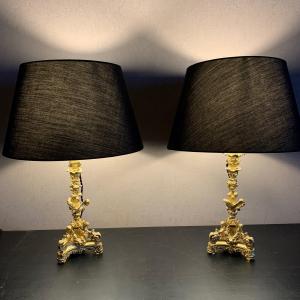 Pair Of Gilded Bronze Lamps Napoleon III Period 