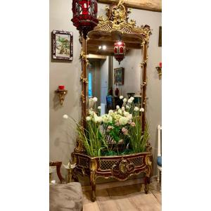 Miroir en bois et sa jardinière  XIXe Siècle