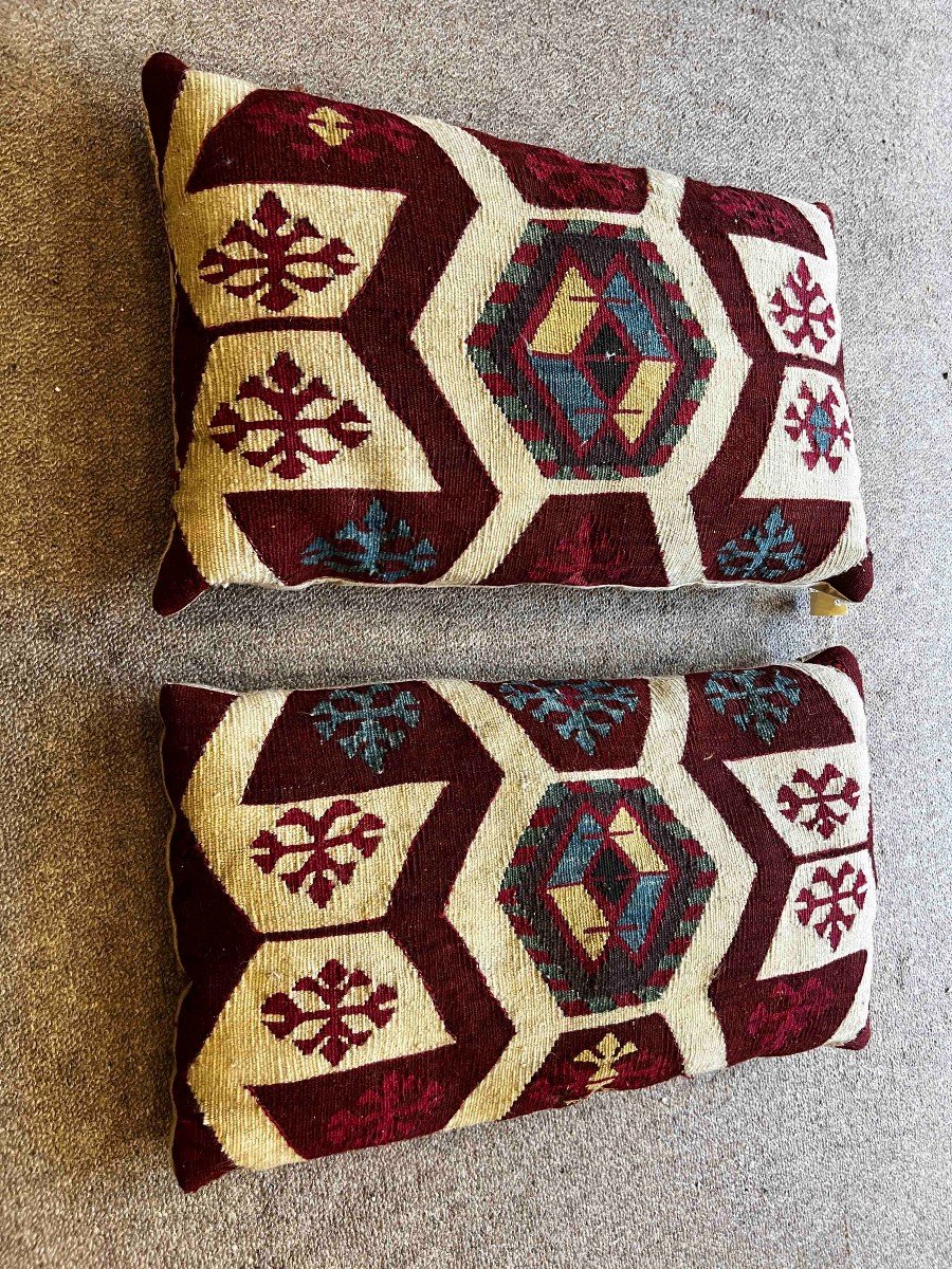 Paire De Coussin En Kilim Vers 1930 - Enti&egrave;rement fait &agrave; la main - 60x36, N&deg; 305-photo-2