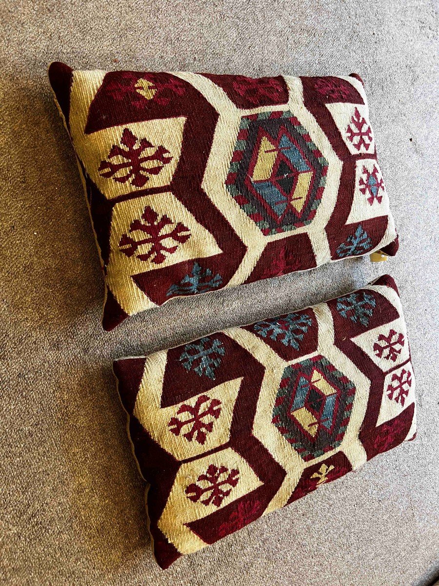 Paire De Coussin En Kilim Vers 1930 - Enti&egrave;rement fait &agrave; la main - 60x36, N&deg; 305-photo-4