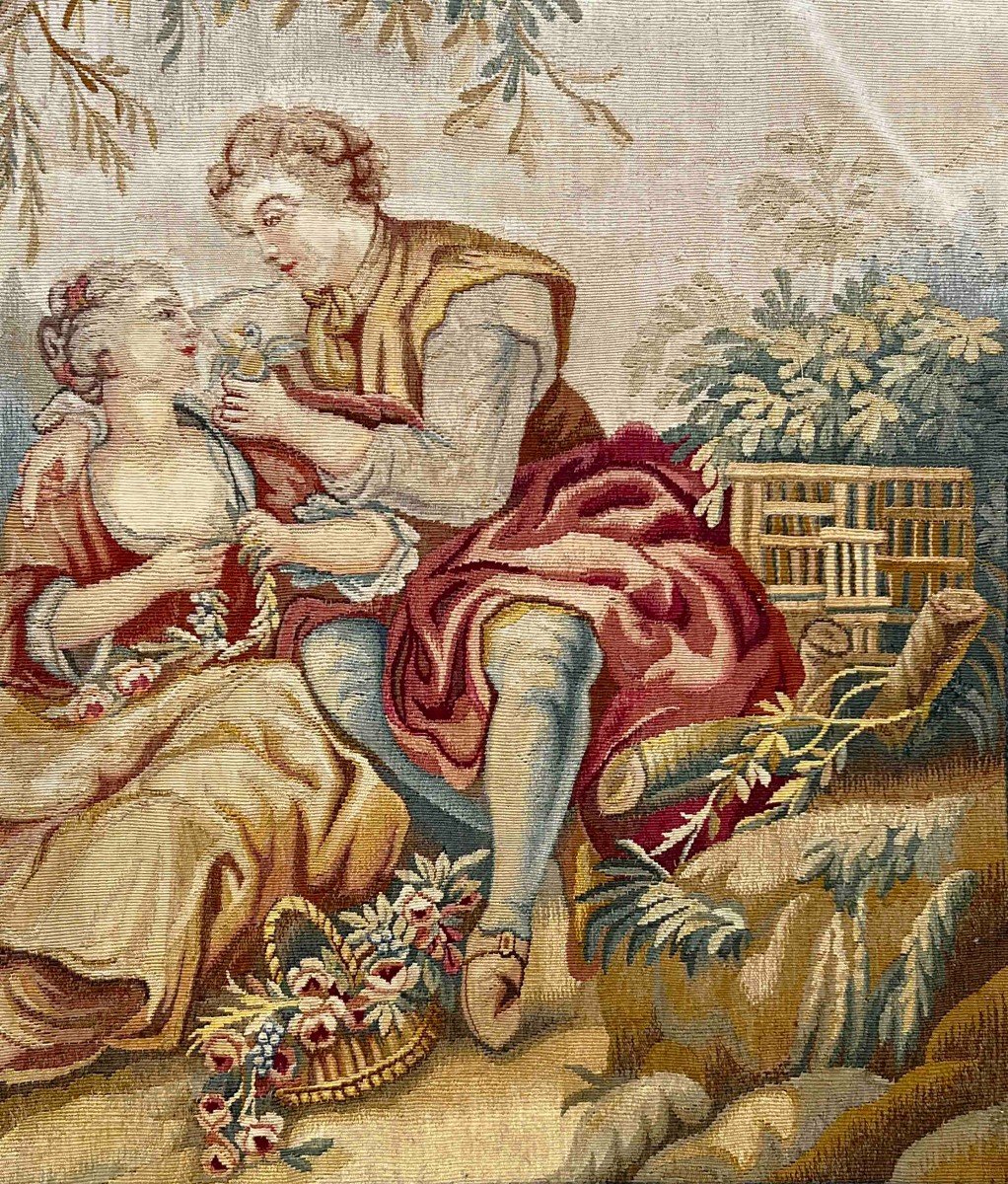 19th Century Aubusson Tapestry - Galante Scene - 0m80x0m80 - N° 1013-photo-1