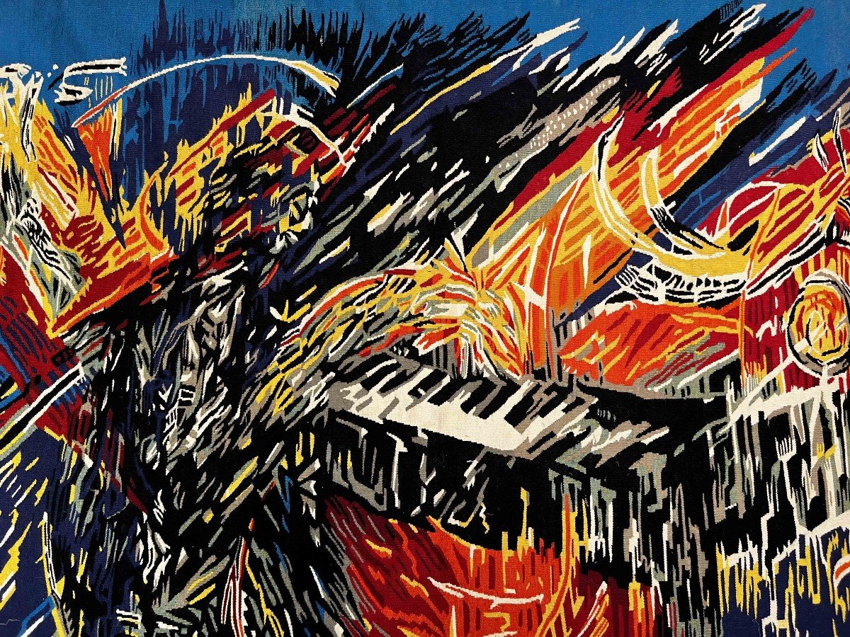 Le Concerto "piano & Jazz" [tapisserie Moderne Aubusson] Signée, 230x150, N° 1015-photo-3