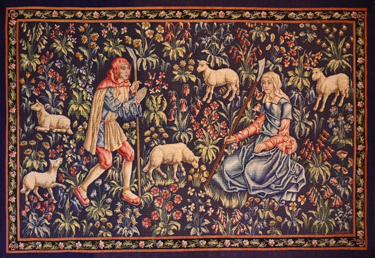 Tapisserie Aubusson Signé 19e Siecle | Un Couple Berger Et Leur Troupeau De Moutons | N° 1369