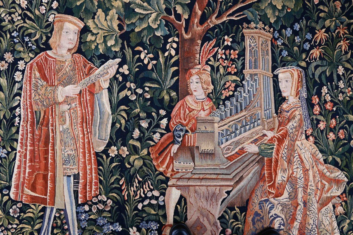 Tapestry Manufacture Aubusson "the Lady With The Organ" XIX Es Medieval Style - 170hx218l N° 1427-photo-2