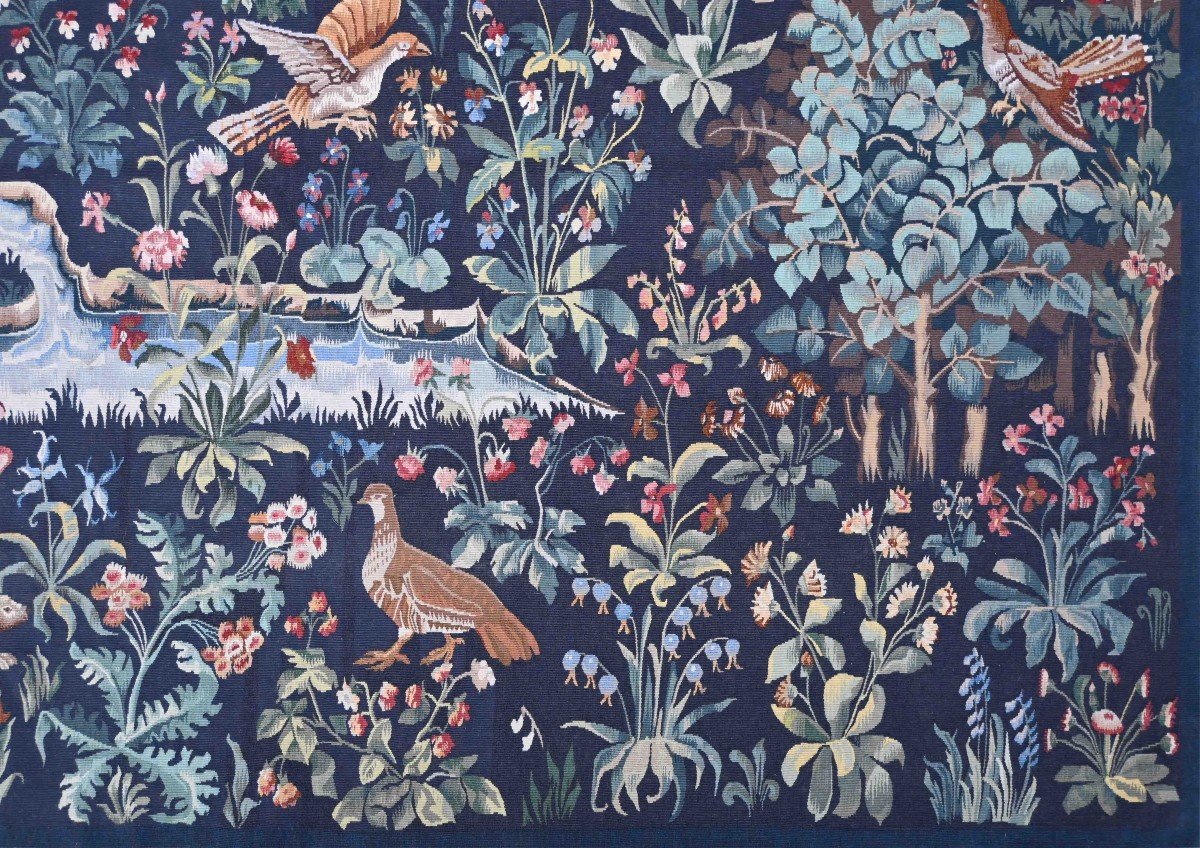 Aubusson Verdure Tapestry, Mille Fleurs Style, Circa 1960 - 201lx145h Cm - No. 1481-photo-2