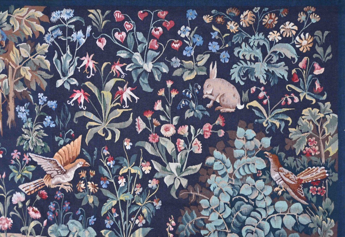 Aubusson Verdure Tapestry, Mille Fleurs Style, Circa 1960 - 201lx145h Cm - No. 1481-photo-3