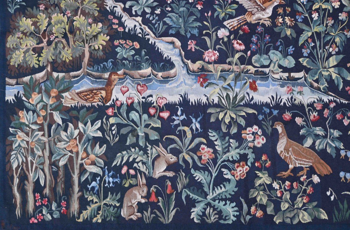 Aubusson Verdure Tapestry, Mille Fleurs Style, Circa 1960 - 201lx145h Cm - No. 1481-photo-1