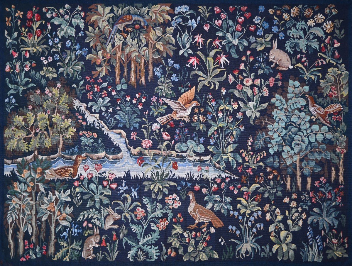 Aubusson Verdure Tapestry, Mille Fleurs Style, Circa 1960 - 201lx145h Cm - No. 1481