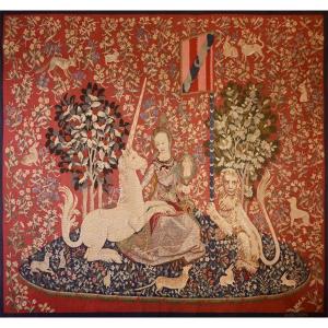 The Lady And The Unicorn - Medieval Style Tapestry From Aubusson Manufacture 19th Century - N° 1355